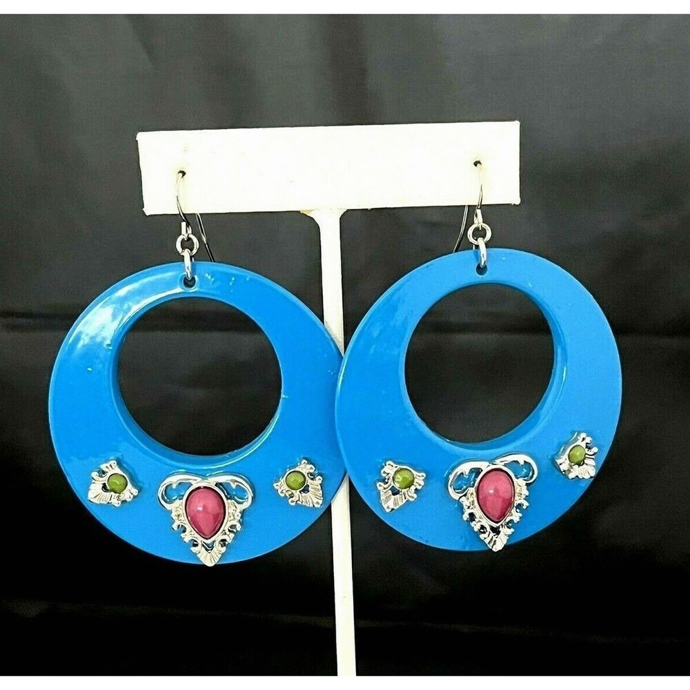 Vintage 1980s Blue Lucite Hoop Earrings Silver Tone Cabochon Statement - 10E